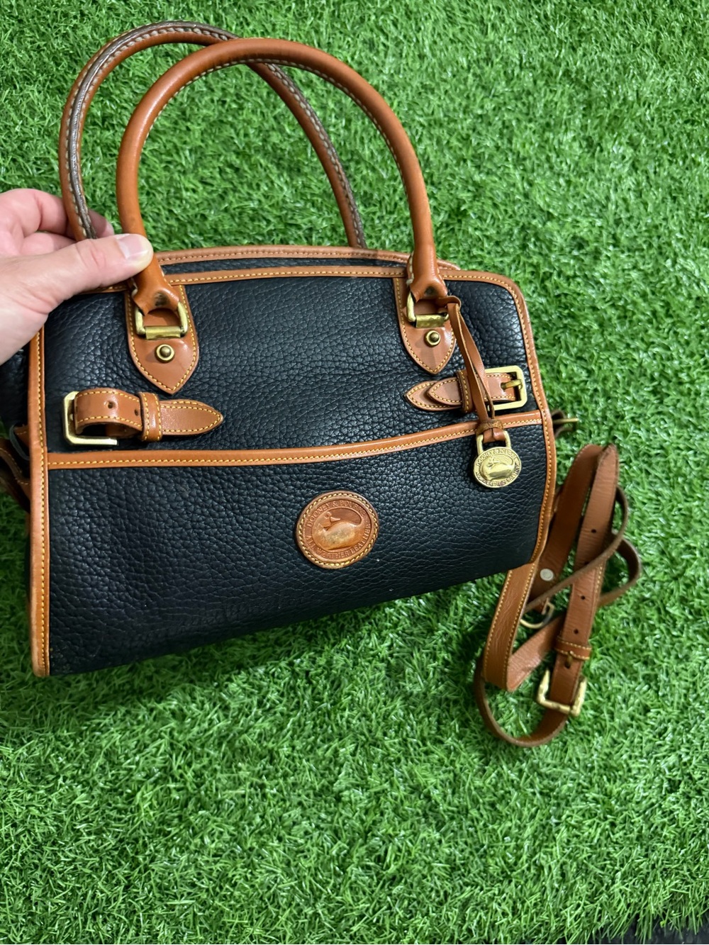 Dooney & Bourke Black Pebbled Leather Double Handle Satchel Bag with Brown Trim